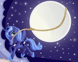 Size: 800x640 | Tagged: safe, artist:paintrolleire, imported from derpibooru, princess luna, alicorn, female, jewelry, mare, moon, mouth hold, night, regalia, s1 luna, solo, stars, tangible heavenly object