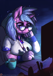 Size: 840x1200 | Tagged: safe, artist:atryl, imported from derpibooru, oc, oc only, oc:artshine, alicorn, anthro, alicorn oc, coffee, computer, drawing, glasses, music, solo, tablet