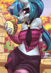 Size: 1050x1500 | Tagged: safe, artist:atryl, imported from derpibooru, sonata dusk, anthro, unicorn, equestria girls, rainbow rocks, breasts, busty sonata dusk, equestria girls ponified, female, flower, looking at you, necktie, ponified, rose, smiling, solo, sonataco, taco, that girl sure loves tacos, that pony sure does love tacos, that siren sure does love tacos