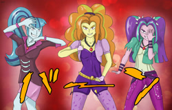 Size: 3125x2000 | Tagged: dead source, safe, artist:mlj-lucarias, imported from derpibooru, adagio dazzle, aria blaze, sonata dusk, equestria girls, rainbow rocks, anime, grin, japanese, jojo pose, jojo's bizarre adventure, pose, smiling, the dazzlings