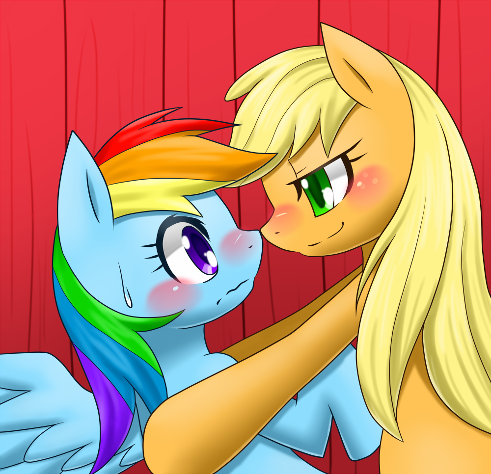 758458 - safe, rainbow dash, applejack, female, smiling, shipping,  blushing, lesbian, bedroom eyes, spread wings, hug, wide eyes, pixiv,  missing accessory, boop, eye contact, appledash, wavy mouth, sweatdrop,  noseboop, hatless, artist:hashioaryut ...