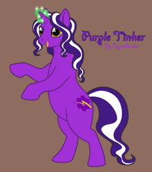 Size: 600x681 | Tagged: safe, artist:cuprohastes, imported from derpibooru, oc, oc only, oc:purple tinker, pony, unicorn, bipedal, female, glowing, glowing horn, horn, looking at you, magic, magic aura, needs more jpeg, open mouth, solo