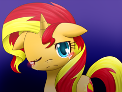 Size: 1000x750 | Tagged: safe, artist:hashioaryut, imported from derpibooru, sunset shimmer, pony, unicorn, crying, female, floppy ears, gradient background, one eye closed, pixiv, simple background, solo, sunsad shimmer