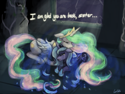 Size: 1920x1440 | Tagged: safe, artist:lumineko, imported from derpibooru, princess celestia, princess luna, alicorn, pony, crying, eyes closed, female, mare, pixiv, s1 luna, scene interpretation, sisters