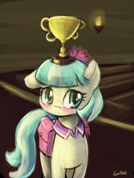 Size: 1440x1920 | Tagged: safe, artist:lumineko, imported from derpibooru, coco pommel, earth pony, pony, 30 minute art challenge, balancing, blushing, cocobetes, cute, female, floppy ears, looking at you, mare, pixiv, saddle bag, shy, solo, trophy, trophy waifu