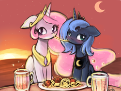 Size: 1920x1440 | Tagged: safe, artist:lumineko, imported from derpibooru, princess celestia, princess luna, alicorn, pony, blushing, cewestia, cute, duo, female, filly, floppy ears, food, imminent kissing, incest, lady and the tramp, lesbian, meat, moon, pixiv, ponies eating meat, princest, shipping, spaghetti, spaghetti scene, stars, sunset, woona, younger