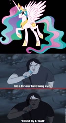 Size: 814x1505 | Tagged: safe, imported from derpibooru, princess celestia, human, caption, idea, image macro, lowres, meme, metalocalypse, nathan explosion, op is a duck, op is trying to start shit, recorder, song, troll, trollestia