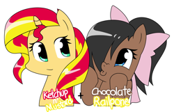 Size: 1024x658 | Tagged: safe, artist:shrusxaiken, imported from derpibooru, sunset shimmer, oc, oc:tory, pony, unicorn, bow, ketchup, looking at each other, mustard, o3o, simple background, white background