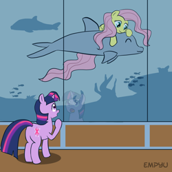 Size: 1000x1000 | Tagged: safe, artist:empyu, imported from derpibooru, fluttershy, twilight sparkle, dolphin, pegasus, pony, unicorn, 30 minute art challenge, aquarium, butt, duo, duo female, female, parody, plot, scene parody, star trek, star trek iv the voyage home, swimming, twibutt, underwater, unicorn twilight, watershy