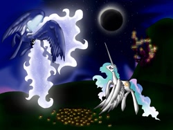 Size: 960x720 | Tagged: safe, artist:kot6, imported from derpibooru, princess celestia, princess luna, pony, duo, glowing eyes