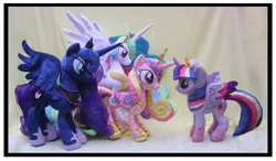 Size: 4929x2879 | Tagged: safe, artist:nazegoreng, imported from derpibooru, princess cadance, princess celestia, princess luna, twilight sparkle, alicorn, pony, alicorn tetrarchy, blushing, female, irl, mare, photo, plushie, rainbow power, twilight sparkle (alicorn)