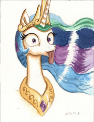 Size: 2127x2743 | Tagged: safe, artist:plainoasis, imported from derpibooru, princess celestia, pony, bust, female, majestic as fuck, sillestia, silly, silly pony, simple background, solo, tongue out, traditional art, watercolor painting