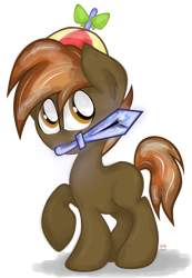 Size: 690x1000 | Tagged: safe, artist:kristysk, imported from derpibooru, button mash, earth pony, pony, don't mine at night, colt, male, minecraft, raised hoof, simple background, solo, sword, transparent background