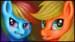 Size: 1280x720 | Tagged: safe, artist:joshwillz, imported from derpibooru, applejack, rainbow dash, close-up, fluffy, smiling