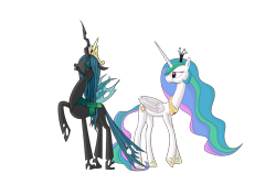 Size: 3507x2480 | Tagged: safe, artist:plainoasis, imported from derpibooru, princess celestia, queen chrysalis, alicorn, changeling, changeling queen, accessory swap, female