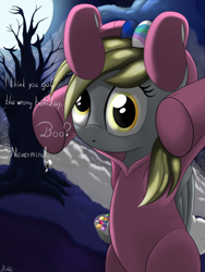 Size: 1200x1600 | Tagged: safe, artist:irregular-entity, imported from derpibooru, derpy hooves, pegasus, pony, rabbit, basket, bunny costume, clothes, cute, derpabetes, easter, easter egg, female, mare, moon, night, solo