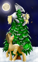 Size: 2500x4000 | Tagged: safe, artist:silenceartist, imported from derpibooru, derpy hooves, doctor whooves, time turner, pegasus, pony, doctorderpy, female, male, mare, moon, night, shipping, snow, straight, tree