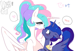 Size: 768x517 | Tagged: safe, artist:oniku, imported from derpibooru, princess celestia, princess luna, twilight sparkle, alternate hairstyle, bedroom eyes, blushing, eye contact, female, floppy ears, heart, incest, lesbian, pixiv, ponytail, princest, shipping, smiling, spread wings, surprised, sweat, tailboner, wide eyes