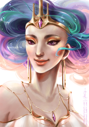 Size: 872x1240 | Tagged: safe, artist:ddhew, imported from derpibooru, princess celestia, human, clothes, crown, dress, earring, female, humanized, necklace, portrait, solo