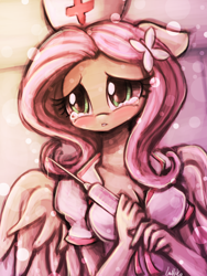 Size: 1440x1920 | Tagged: safe, artist:lumineko, imported from derpibooru, fluttershy, anthro, blushing, cleavage, crying, female, floppy ears, lip bite, nurse, pixiv, sad, solo, syringe