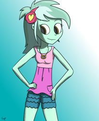 Size: 900x1100 | Tagged: safe, artist:varemia, imported from derpibooru, lyra heartstrings, equestria girls, female, hand, looking down, smiling, solo