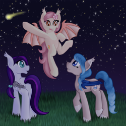 Size: 800x800 | Tagged: safe, artist:timid tracks, imported from derpibooru, oc, oc only, oc:glimmer palette, oc:peach blossom, oc:sweet hum, bat pony, pony, floating, flying, night, shooting star, starry night, stars