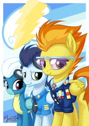 Size: 868x1228 | Tagged: safe, artist:mysticalpha, imported from derpibooru, fleetfoot, soarin', spitfire, pegasus, pony, clothes, female, glasses, goggles, looking at you, male, mare, necktie, poster, shirt, smiling, stallion, wonderbolts, wonderbolts dress uniform, wonderbolts uniform