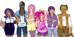 Size: 1194x600 | Tagged: safe, artist:alekinexelsis, imported from derpibooru, applejack, fluttershy, pinkie pie, rainbow dash, rarity, twilight sparkle, human, dark skin, diversity, humanized, mane six, transgender