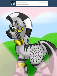 Size: 960x1280 | Tagged: safe, artist:kloudmutt, imported from derpibooru, zecora, zebra, ask klodette, ask, butt, female, plot, solo, tumblr