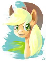 Size: 761x1000 | Tagged: safe, artist:lexx2dot0, imported from derpibooru, applejack, ear fluff, female, portrait, simple background, smiling, solo