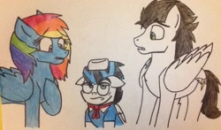 Size: 1190x698 | Tagged: safe, artist:pimpartist101, imported from derpibooru, rainbow dash, soarin', oc, oc:icy storm, clothes, female, hat, male, offspring, old cutie mark, parent:rainbow dash, parent:soarin', parents:soarindash, shipping, soarindash, straight
