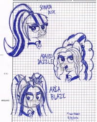 Size: 796x1004 | Tagged: safe, artist:mane-shaker, imported from derpibooru, adagio dazzle, aria blaze, sonata dusk, equestria girls, rainbow rocks, graph paper, looking at you, monochrome, ponified, the dazzlings, traditional art