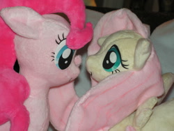 Size: 1600x1200 | Tagged: safe, artist:karasunezumi, imported from derpibooru, fluttershy, pinkie pie, earth pony, pegasus, pony, cute, duo, irl, looking at each other, looking at someone, photo, plushie