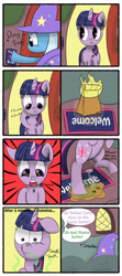 Size: 1920x4320 | Tagged: safe, artist:comradefluffski, imported from derpibooru, spike, trixie, twilight sparkle, pony, unicorn, best pony, comic, female, fire, implied spikeabuse, library, mare, prank