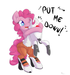 Size: 1875x2000 | Tagged: safe, artist:alasou, imported from derpibooru, pinkie pie, earth pony, pony, bipedal, chell, clothes, colored pupils, crossover, cute, dialogue, diapinkes, duo, ear fluff, hug, open mouth, portal (valve), simple background, tanktop, transparent background, turret