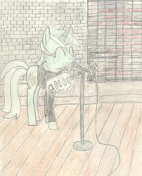 Size: 3315x4096 | Tagged: safe, artist:barryfrommars, imported from derpibooru, lyra heartstrings, pony, unicorn, fanfic:background pony, background pony, clothes, crossover, guitar, hoodie, joy division, microphone, microphone stand, musical instrument, pencil drawing, reference, traditional art, vox phantom, window, wooden floor