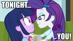 Size: 960x536 | Tagged: safe, edit, edited screencap, imported from derpibooru, screencap, rarity, twilight sparkle, equestria girls, rainbow rocks, caption, image macro, meme, tonight you