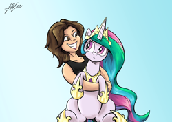 Size: 2046x1447 | Tagged: dead source, safe, artist:lovelyneckbeard, imported from derpibooru, princess celestia, human, pony, confused, cute, cutelestia, frown, grin, holding a pony, hug, nicole oliver, smiling, voice actor joke