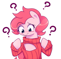 Size: 925x900 | Tagged: safe, artist:joyfulinsanity, imported from derpibooru, pinkie pie, earth pony, pony, blushing, clothes, female, keyhole turtleneck, open-chest sweater, question mark, solo, sweater, turtleneck