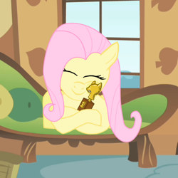 Size: 1326x1326 | Tagged: safe, artist:somepony, imported from derpibooru, fluttershy, stare master, contest, female, hug, solo, trophy