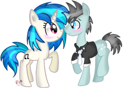 Size: 1024x732 | Tagged: dead source, safe, artist:sparkle-bliss, imported from derpibooru, dj pon-3, neon lights, rising star, vinyl scratch, pony, unicorn, backwards cutie mark, blushing, female, male, mare, missing accessory, shipping, simple background, stallion, straight, transparent background, vinylights