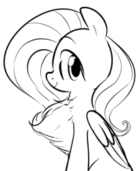 Size: 488x603 | Tagged: safe, artist:dotkwa, imported from derpibooru, fluttershy, pegasus, pony, black and white, chest fluff, female, fluffershy, grayscale, impossibly large chest fluff, looking at you, monochrome, solo