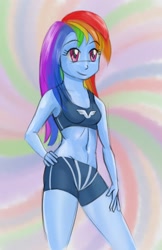 Size: 1872x2886 | Tagged: safe, artist:jay156, imported from derpibooru, rainbow dash, human, belly button, clothes, compression shorts, female, humanized, midriff, pony coloring, solo, spandex, sports bra