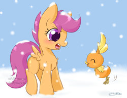 Size: 2200x1700 | Tagged: safe, artist:mrsremi, imported from derpibooru, scootaloo, torchic, crossover, pokémon, scootachicken, snow, snowfall, winter