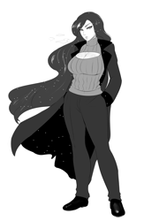 Size: 800x1230 | Tagged: safe, artist:lvl, imported from derpibooru, princess luna, human, breasts, busty princess luna, clothes, doodle, female, grayscale, humanized, keyhole turtleneck, longcoat, monochrome, open-chest sweater, solo, sweater, turtleneck
