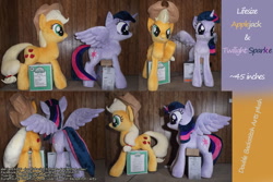 Size: 1280x853 | Tagged: safe, artist:doublebackstitcharts, imported from derpibooru, applejack, twilight sparkle, alicorn, pony, female, irl, life size, mare, photo, plushie, twilight sparkle (alicorn)
