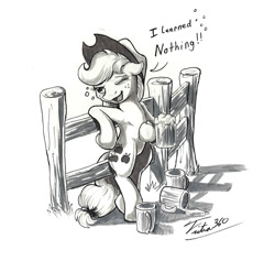 Size: 900x852 | Tagged: safe, artist:tsitra360, imported from derpibooru, applejack, pony, bipedal, drunk, drunk aj, female, monochrome, solo, traditional art