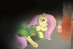 Size: 1536x1023 | Tagged: safe, artist:drjhordan, imported from derpibooru, fluttershy, animated, blanket, female, fireplace, hot chocolate, newbie artist training grounds, relaxing, solo