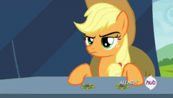 Size: 640x360 | Tagged: safe, edit, imported from derpibooru, screencap, applejack, rarity, pony, trade ya, all new, animated, bad end, brooch, credit joke, credits, female, hub logo, i can't believe it's not superedit, oops, running away, scene parody, scrunchy face, silly, silly pony, who's a silly pony