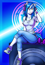 Size: 800x1141 | Tagged: safe, artist:nocturnalmoth, imported from derpibooru, dj pon-3, vinyl scratch, anthro, clothes, converse, crossed legs, female, goggles, headphones, jeans, shoulderless, sitting, sneakers, solo, speaker, speakers